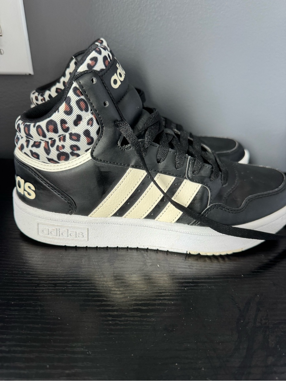 Adidas Racer in Cloud White with leopard/animal-print accents